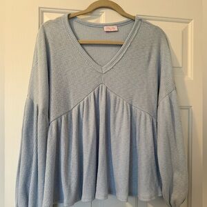 Pink Lily Light Blue Ribbed V-Neck Blouse